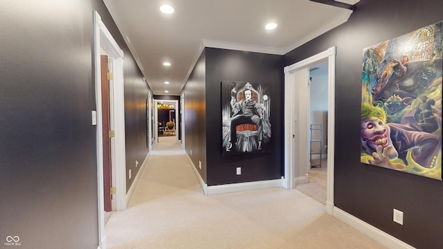 3306 Mullinix Rd, Greenwood, IN 46143 - hallway with crown molding, recessed lighting, and light carpet