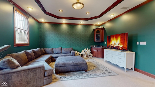 3306 Mullinix Rd, Greenwood, IN 46143 - living area featuring crown molding, a raised ceiling, light colored carpet, and recessed lighting