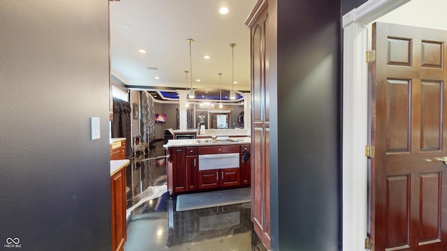 3306 Mullinix Rd, Greenwood, IN 46143 - kitchen featuring a warming drawer, dark brown cabinets, light countertops, recessed lighting, and pendant lighting