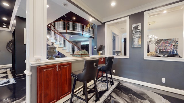 3306 Mullinix Rd, Greenwood, IN 46143 - bar area with ornate columns, stairway, ornamental molding, and a chandelier