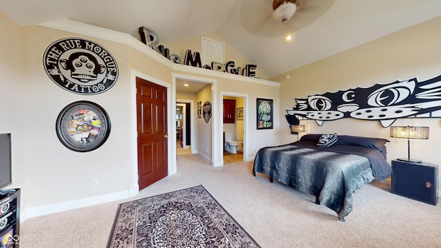3306 Mullinix Rd, Greenwood, IN 46143 - carpeted bedroom with vaulted ceiling, ceiling fan, ensuite bathroom, and recessed lighting