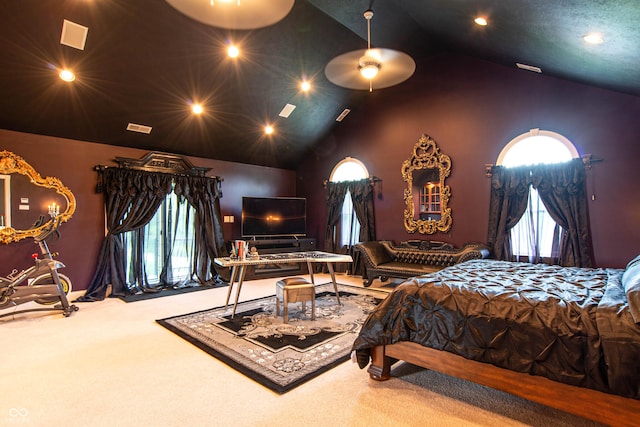 3306 Mullinix Rd, Greenwood, IN 46143 - carpeted bedroom featuring lofted ceiling, multiple windows, and recessed lighting
