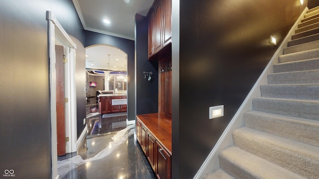 3306 Mullinix Rd, Greenwood, IN 46143 - stairway featuring ornamental molding and recessed lighting