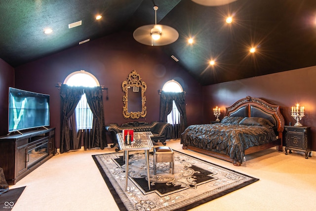 3306 Mullinix Rd, Greenwood, IN 46143 - bedroom featuring carpet floors, high vaulted ceiling, and recessed lighting