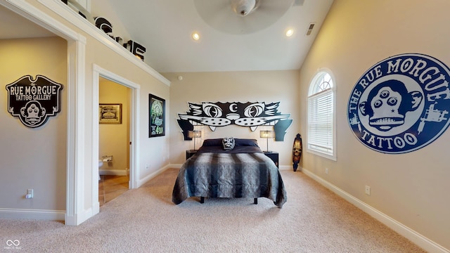 3306 Mullinix Rd, Greenwood, IN 46143 - carpeted bedroom featuring recessed lighting, high vaulted ceiling, and connected bathroom