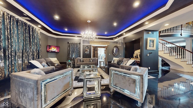 3306 Mullinix Rd, Greenwood, IN 46143 - living room featuring a raised ceiling, stairway, a chandelier, ornamental molding, and decorative columns