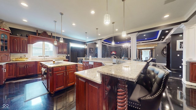 3306 Mullinix Rd, Greenwood, IN 46143 - kitchen with decorative columns, a large island with sink, crown molding, decorative backsplash, and recessed lighting