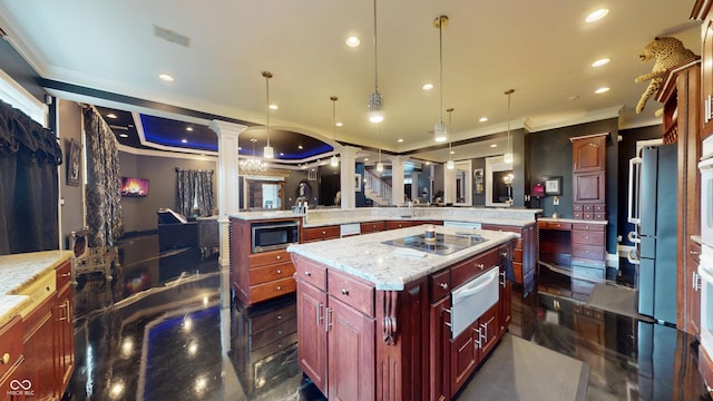 3306 Mullinix Rd, Greenwood, IN 46143 - kitchen with ornate columns, a warming drawer, stainless steel microwave, reddish brown cabinets, and black electric cooktop