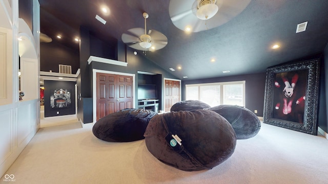 3306 Mullinix Rd, Greenwood, IN 46143 - cinema with carpet flooring, ceiling fan, recessed lighting, and high vaulted ceiling