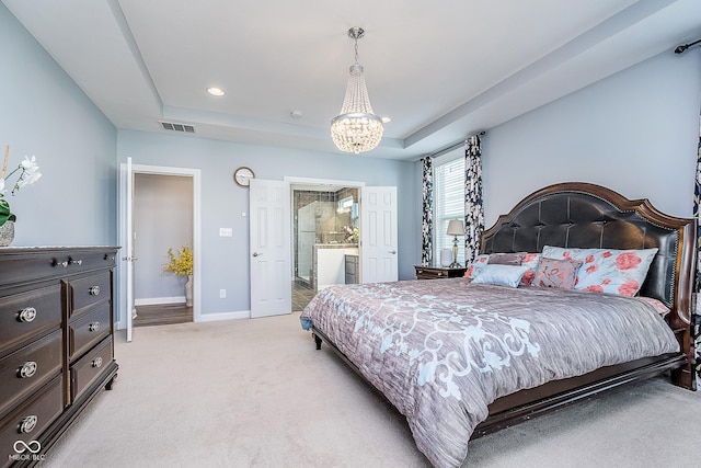 12634 Mustard Seed Ct, Fishers, IN 46038 - bedroom with a chandelier, light colored carpet, a raised ceiling, recessed lighting, and ensuite bathroom