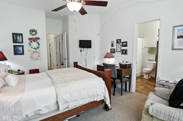 2253 Bridlewood Dr, Franklin, IN 46131 - bedroom with ensuite bath, a ceiling fan, and carpet flooring