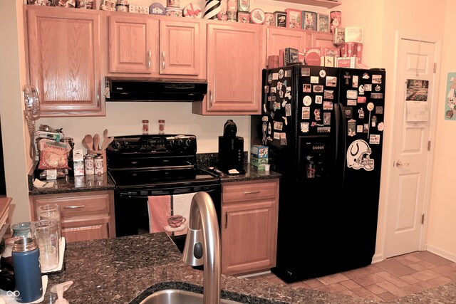 650 S Eagles Way, Crawfordsville, IN 47933 - kitchen featuring black appliances, ventilation hood, and dark stone counters
