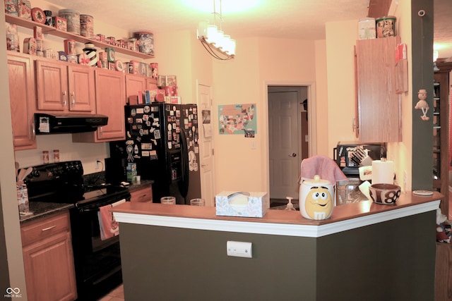 650 S Eagles Way, Crawfordsville, IN 47933 - kitchen featuring black appliances, extractor fan, dark countertops, pendant lighting, and a peninsula
