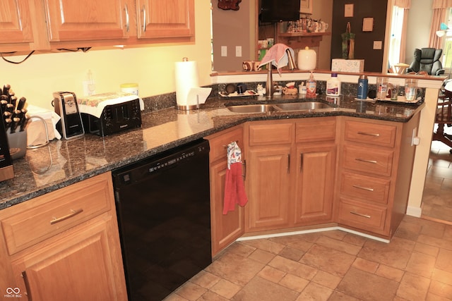 650 S Eagles Way, Crawfordsville, IN 47933 - kitchen with dishwasher, a peninsula, light stone finish floors, dark stone countertops, and open floor plan