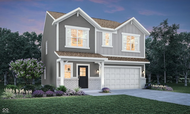 3610 Duncan Ct, Whitestown, IN 46075 - view of front of house featuring concrete driveway, a garage, a lawn, board and batten siding, and brick siding