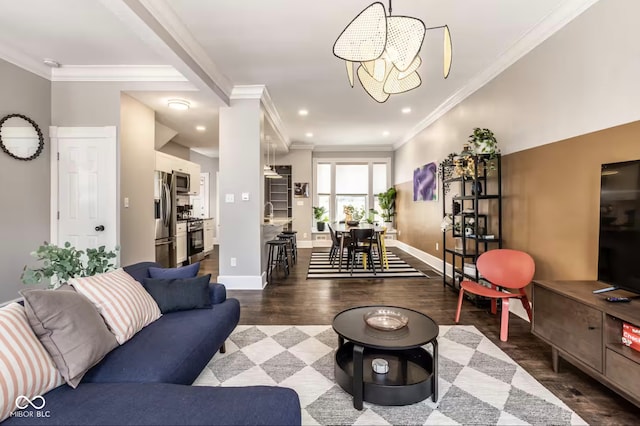 213 E 15th St, Indianapolis, IN 46202 - living area with ornamental molding, dark wood-style floors, and recessed lighting