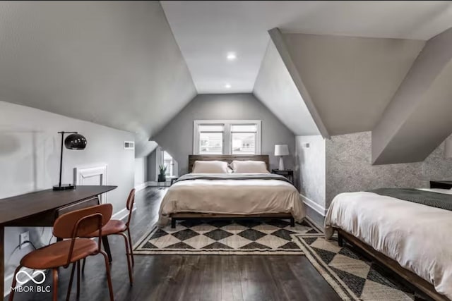 213 E 15th St, Indianapolis, IN 46202 - bedroom with dark wood-style flooring and lofted ceiling