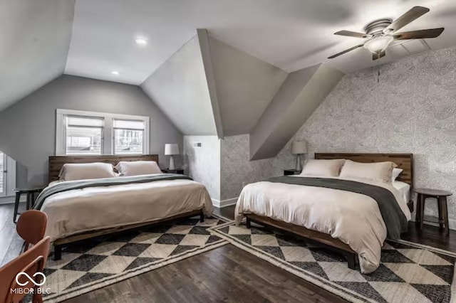 213 E 15th St, Indianapolis, IN 46202 - bedroom with wood finished floors, lofted ceiling, a ceiling fan, and recessed lighting