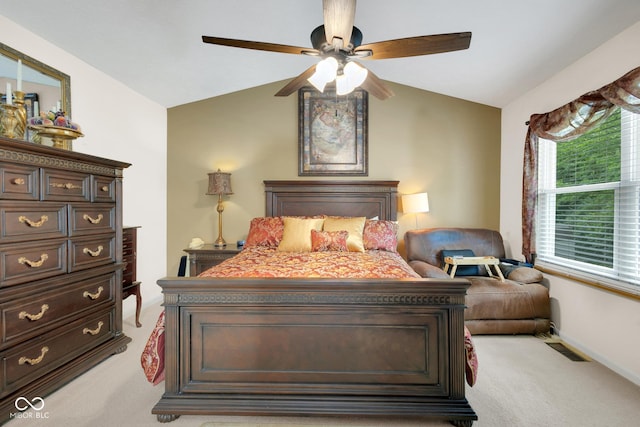 6439 Bower Dr, Indianapolis, IN 46241 - bedroom with light colored carpet, vaulted ceiling, and a ceiling fan