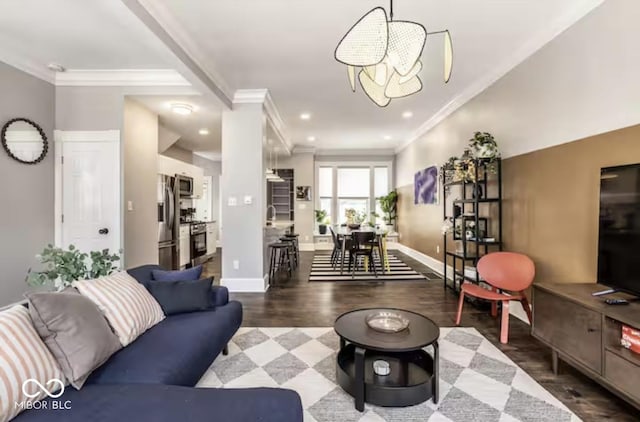 215 E 15th St, Indianapolis, IN 46202 - living area with ornamental molding, dark wood-style flooring, recessed lighting, and a chandelier