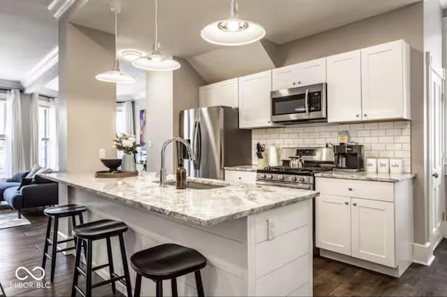 215 E 15th St, Indianapolis, IN 46202 - kitchen with stainless steel appliances, dark wood-style flooring, white cabinetry, and a kitchen breakfast bar