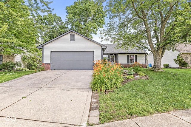 1540 Brook Pointe Dr, Indianapolis, IN 46234 - ranch-style home with brick siding, concrete driveway, a front lawn, an attached garage, and a shingled roof