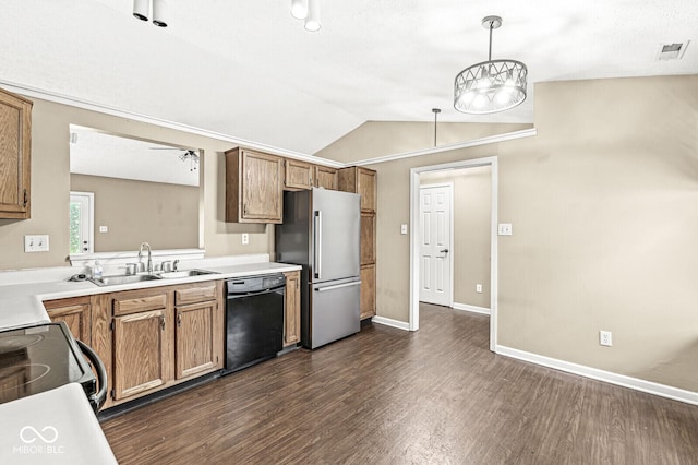 1540 Brook Pointe Dr, Indianapolis, IN 46234 - kitchen featuring high end fridge, dishwasher, dark wood finished floors, electric range, and vaulted ceiling