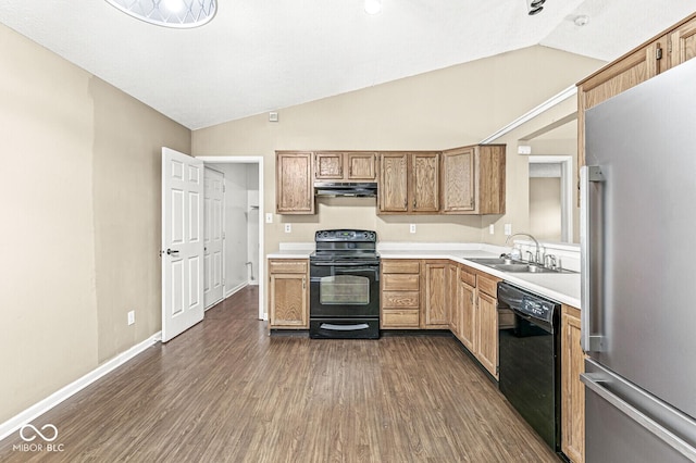 1540 Brook Pointe Dr, Indianapolis, IN 46234 - kitchen featuring black appliances, exhaust hood, vaulted ceiling, dark wood-style flooring, and light countertops