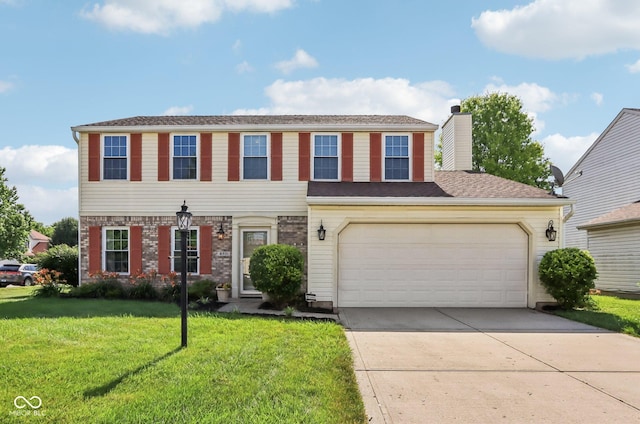 6711 Crestwell Ln, Indianapolis, IN 46268 - view of front facade with driveway, a front yard, and a chimney