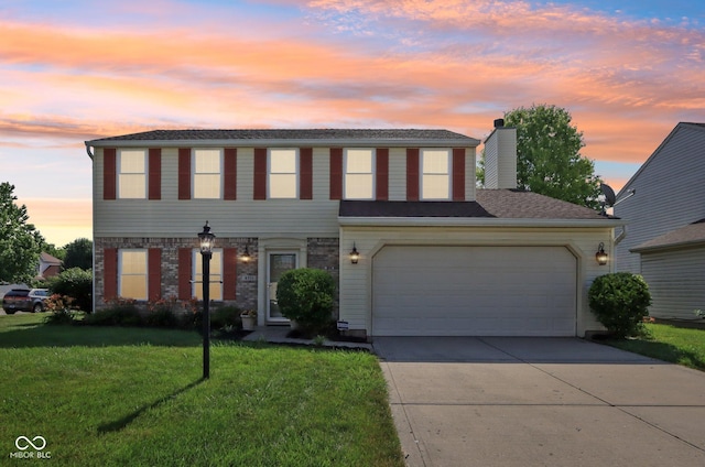 6711 Crestwell Ln, Indianapolis, IN 46268 - view of front of home with a lawn, concrete driveway, a chimney, and a shingled roof