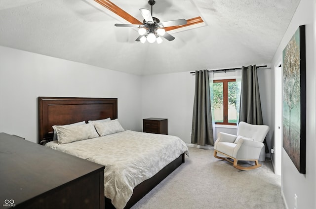 8030 5 Points Rd, Indianapolis, IN 46259 - bedroom with lofted ceiling, light colored carpet, a ceiling fan, and a textured ceiling