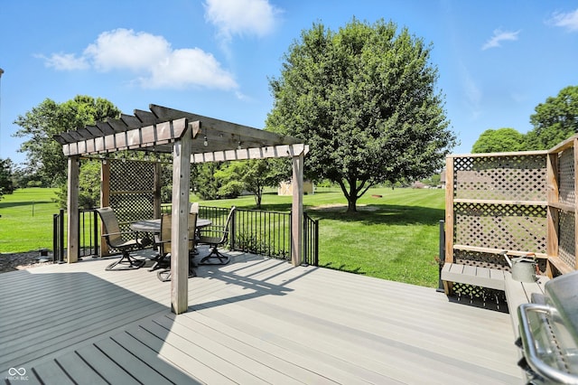8030 5 Points Rd, Indianapolis, IN 46259 - wooden deck featuring a pergola, outdoor dining area, and a yard