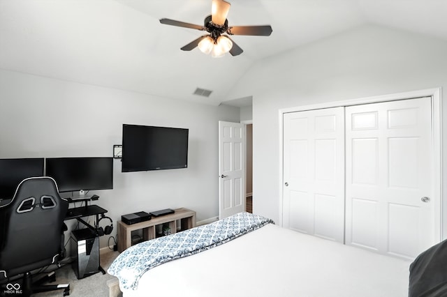 8030 5 Points Rd, Indianapolis, IN 46259 - bedroom with lofted ceiling, a closet, a ceiling fan, carpet floors, and an office area