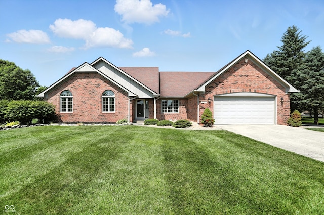 8030 5 Points Rd, Indianapolis, IN 46259 - ranch-style house with brick siding, a garage, driveway, and a front yard