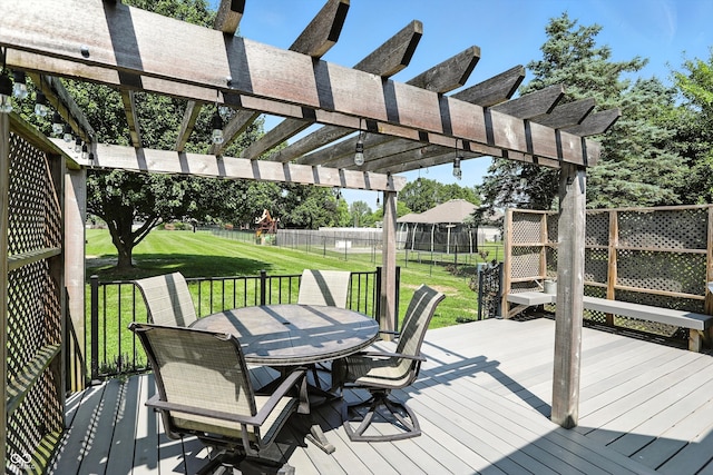 8030 5 Points Rd, Indianapolis, IN 46259 - wooden deck with outdoor dining area, a fenced backyard, and a pergola