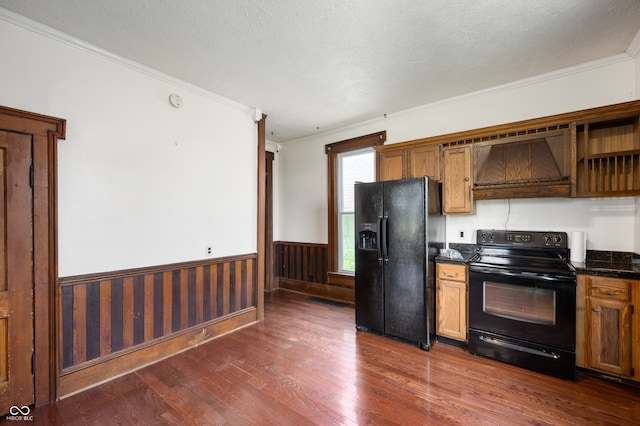 5396 N 1000 E, Sheridan, IN 46069 - kitchen featuring black appliances, ornamental molding, wainscoting, dark wood-style floors, and custom exhaust hood