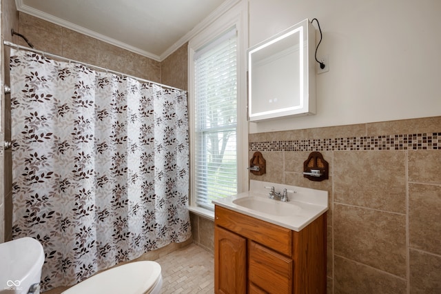5396 N 1000 E, Sheridan, IN 46069 - full bathroom with vanity, curtained shower, tile walls, ornamental molding, and tile patterned floors