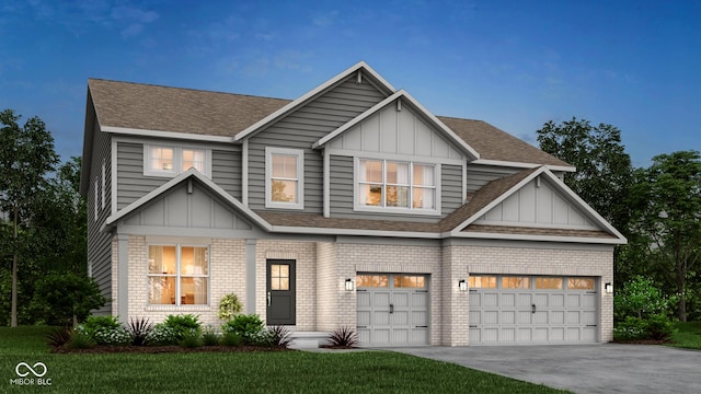 5343 Pelion Pl, Mccordsville, IN 46055 - view of front facade featuring board and batten siding, an attached garage, brick siding, and a shingled roof