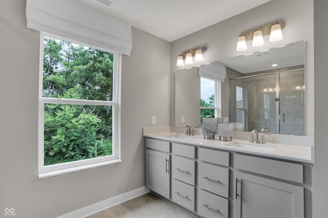 5343 Pelion Pl, Mccordsville, IN 46055 - full bathroom featuring double vanity, a shower stall, and tile patterned floors