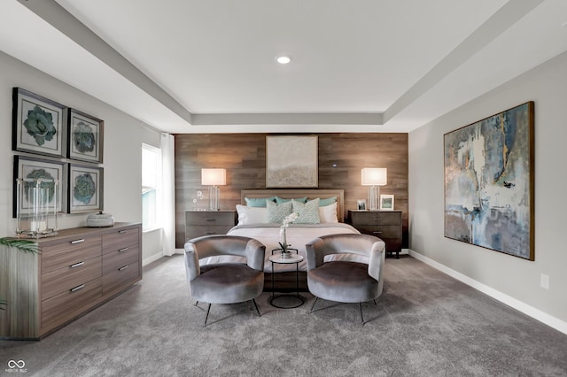 5343 Pelion Pl, Mccordsville, IN 46055 - carpeted bedroom featuring a tray ceiling, an accent wall, and wooden walls