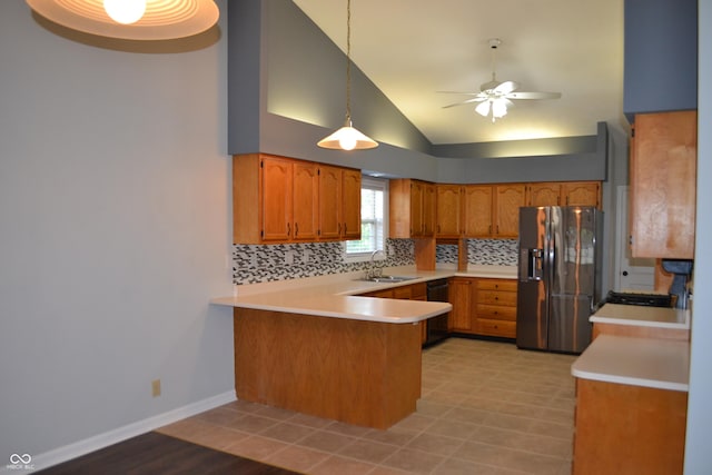 112 Marble Arch Way, Lafayette, IN 47905 - kitchen with stainless steel refrigerator with ice dispenser, black dishwasher, a peninsula, ceiling fan, and backsplash