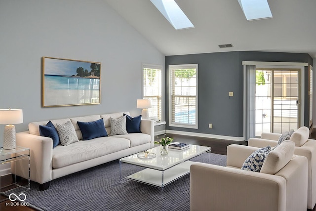 112 Marble Arch Way, Lafayette, IN 47905 - living room featuring a skylight, wood finished floors, and high vaulted ceiling
