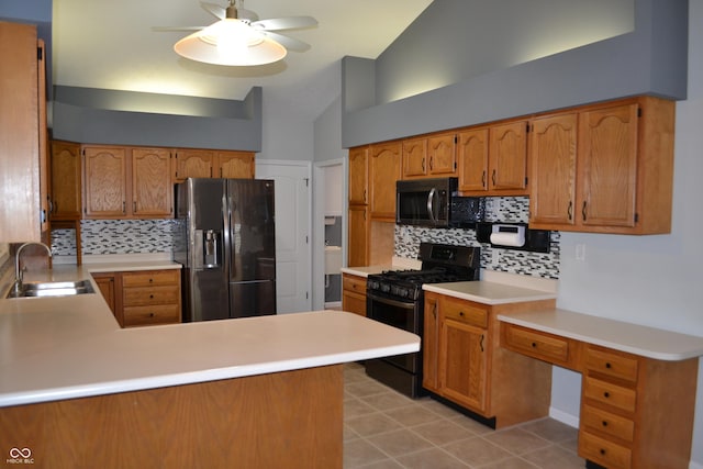 112 Marble Arch Way, Lafayette, IN 47905 - kitchen with black appliances, backsplash, a peninsula, ceiling fan, and light countertops