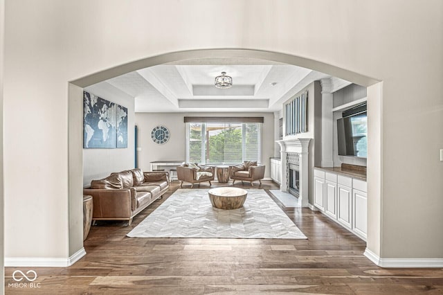 2920 Bloomsbury S, Greenwood, IN 46143 - living area featuring wood finished floors, a fireplace with flush hearth, and a tray ceiling