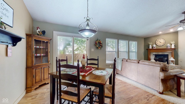 6816 Minnow Dr, Indianapolis, IN 46237 - dining area with plenty of natural light, light wood-type flooring, a ceiling fan, and a brick fireplace