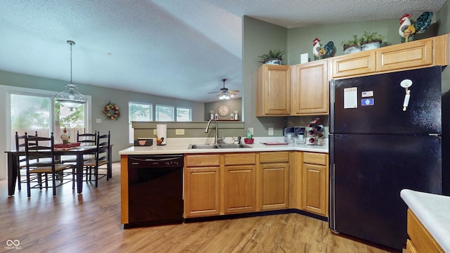 6816 Minnow Dr, Indianapolis, IN 46237 - kitchen featuring black appliances, light wood-style flooring, a peninsula, a textured ceiling, and a ceiling fan