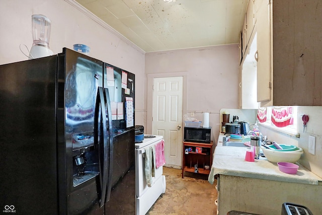 315 N High St, Hartford City, IN 47348 - kitchen featuring black appliances, unfinished concrete floors, light countertops, and ornamental molding