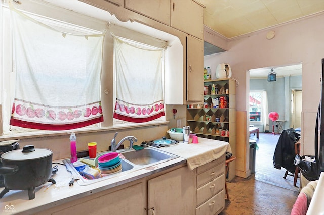 315 N High St, Hartford City, IN 47348 - kitchen with light countertops, concrete flooring, ornamental molding, and light brown cabinetry