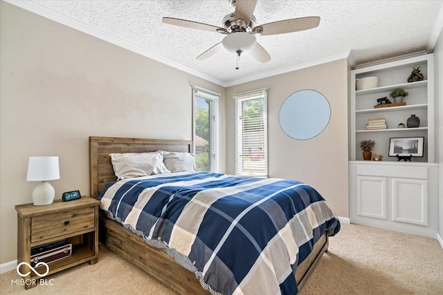 770 Viewpoint Dr, Plainfield, IN 46168 - bedroom featuring light colored carpet, a textured ceiling, ornamental molding, and a ceiling fan