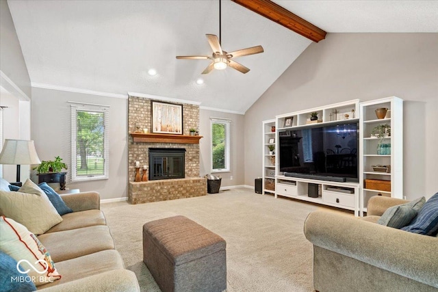 770 Viewpoint Dr, Plainfield, IN 46168 - living area featuring ceiling fan, plenty of natural light, carpet flooring, beamed ceiling, and a fireplace